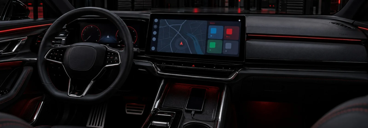 Cockpit eines modernen Autos mit großem Infotainment-Bildschirm und angeschlossenem Smartphone in einer dunklen Werkstatt mit roter Beleuchtung