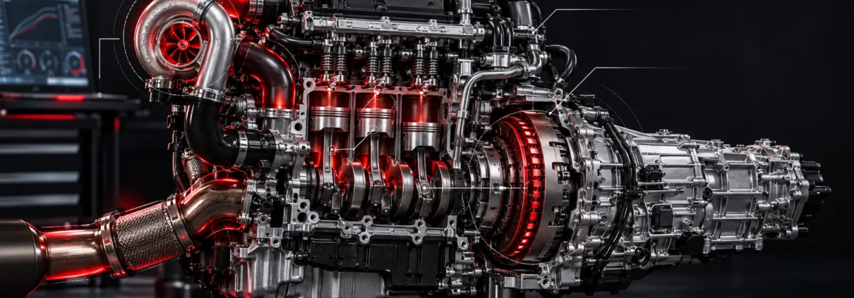 Ist Chiptuning schädlich? Schnittbild eines Turbomotors mit Getriebe, Turbolader, Kolben und Kupplung rot markiert