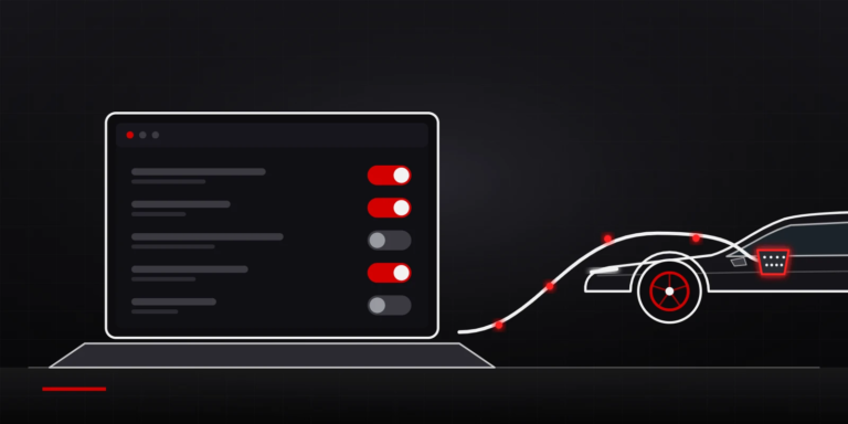Illustration: Laptop mit Fahrzeugfunktionen, per Kabel mit dem Auto verbunden