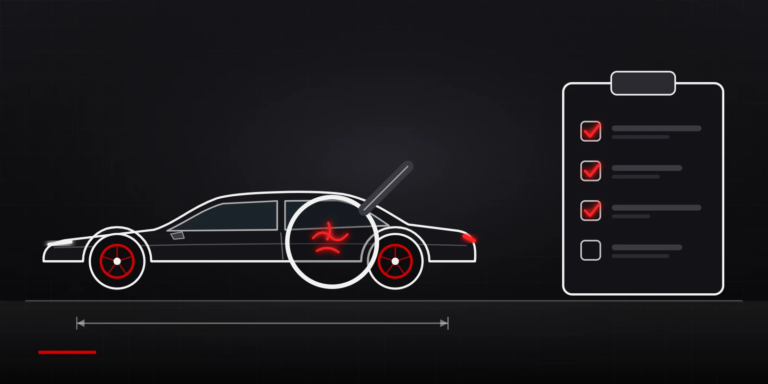 Illustration: Schadenbegutachtung am Auto mit Lupe und Prüfbericht