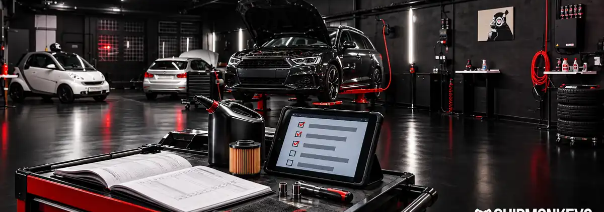 Inspektion in der freien Werkstatt bei ChipMonkeys in Gummersbach: Auto auf der Hebebühne, Serviceheft, Ölfilter und Checkliste