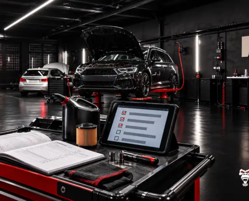Inspektion in der freien Werkstatt bei ChipMonkeys in Gummersbach: Auto auf der Hebebühne, Serviceheft, Ölfilter und Checkliste
