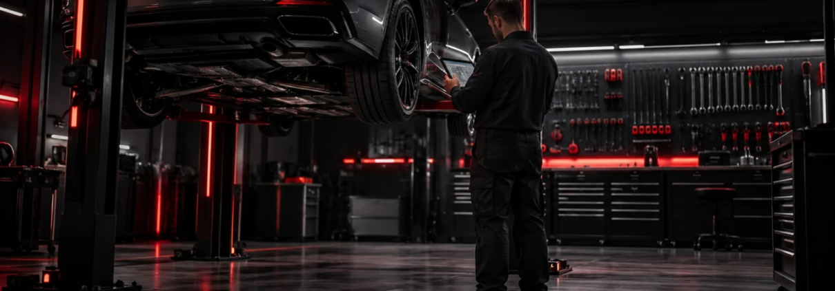 Kfz-Mechaniker prüft ein Auto auf der Hebebühne mit einem Diagnosetablet in einer dunklen Meisterwerkstatt